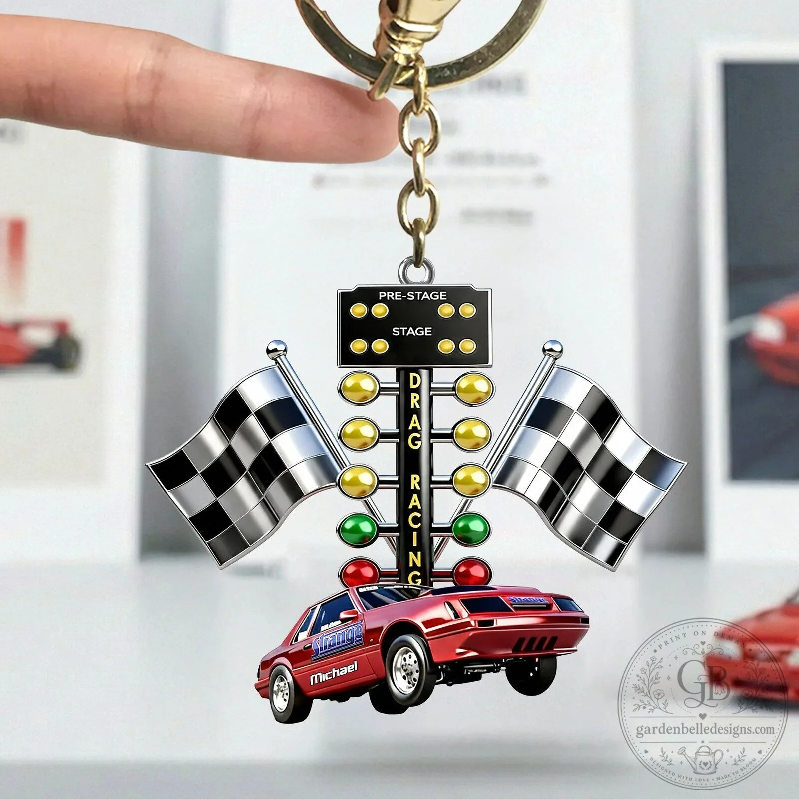 Drag Racing Christmas Tree and Checkered Flags Acrylic Keychain