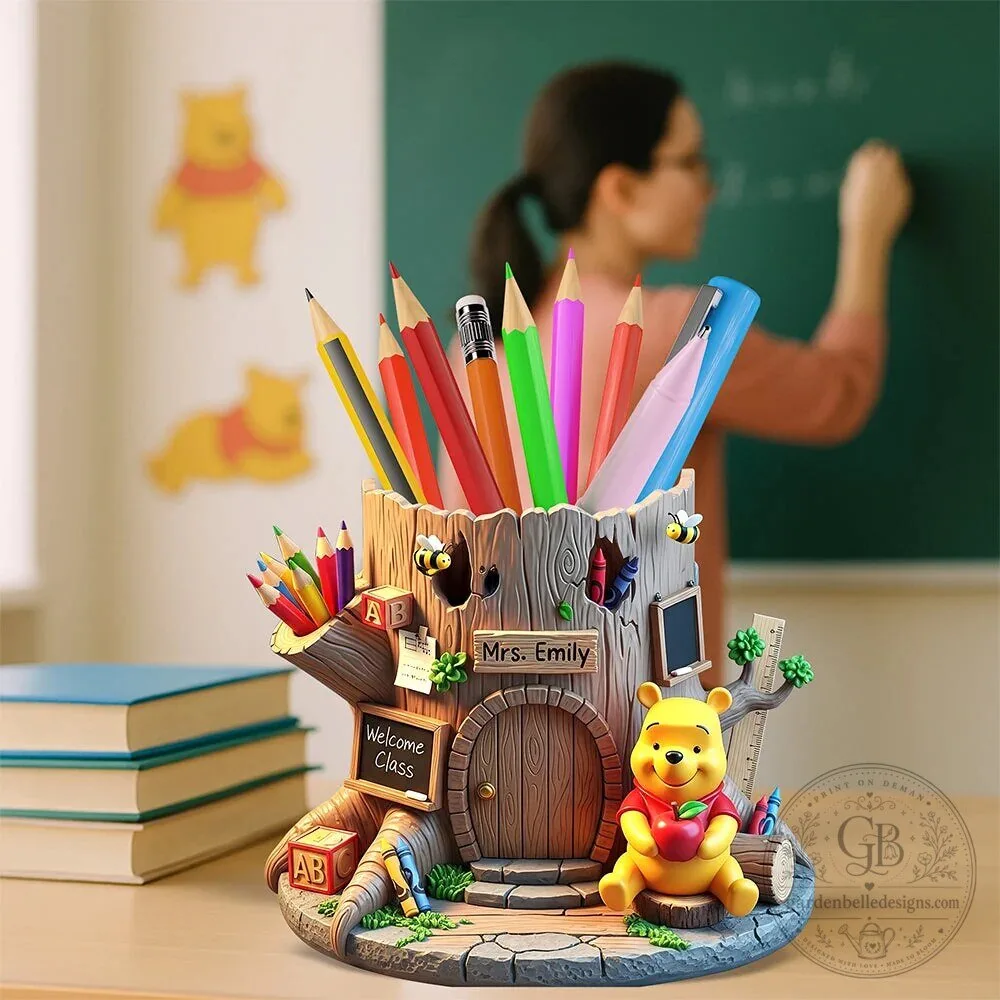 Winnie the Pooh Treehouse Pencil Holder, Personalized Teacher Desk Organizer