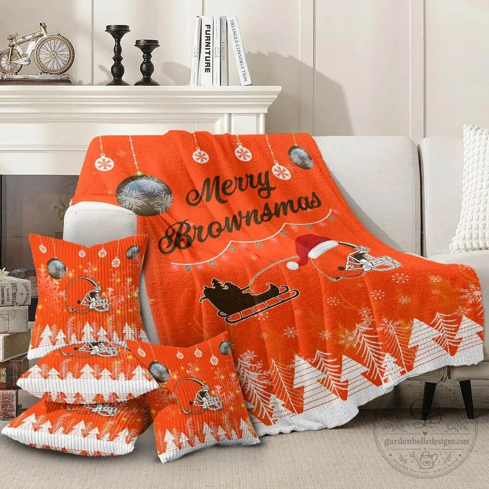 Cleveland Browns Christmas Merry Brownsmas Fleece Blanket and Throw Pillow Set