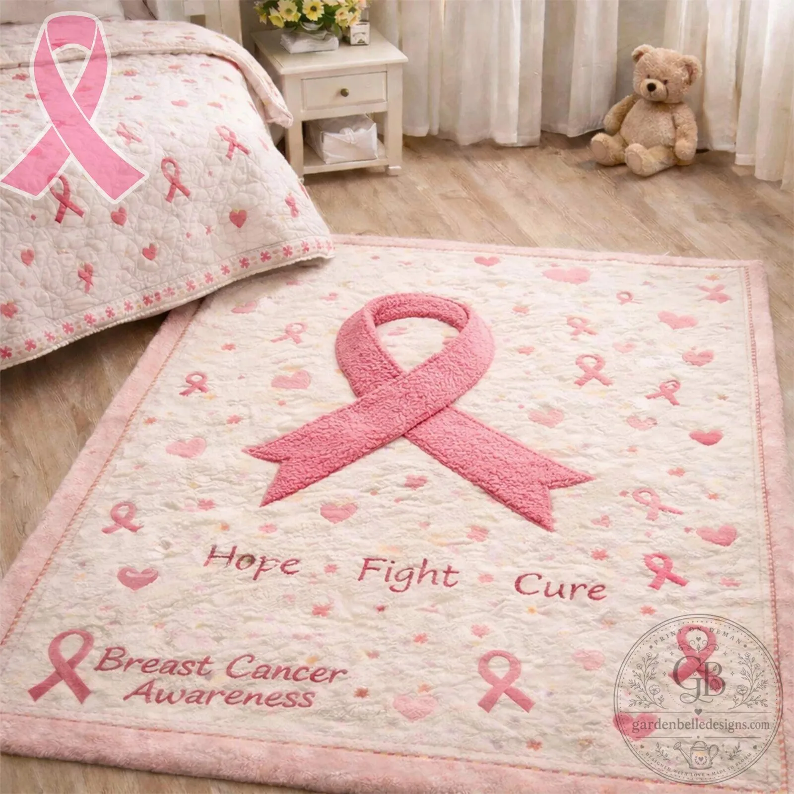 Breast Cancer Awareness Hope Fight Cure Pink Ribbon Quilted Rug