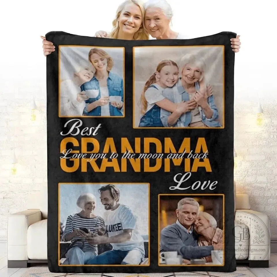 Personalized Best Grandma Photo Collage Throw Blanket Love You to The Moon and Back