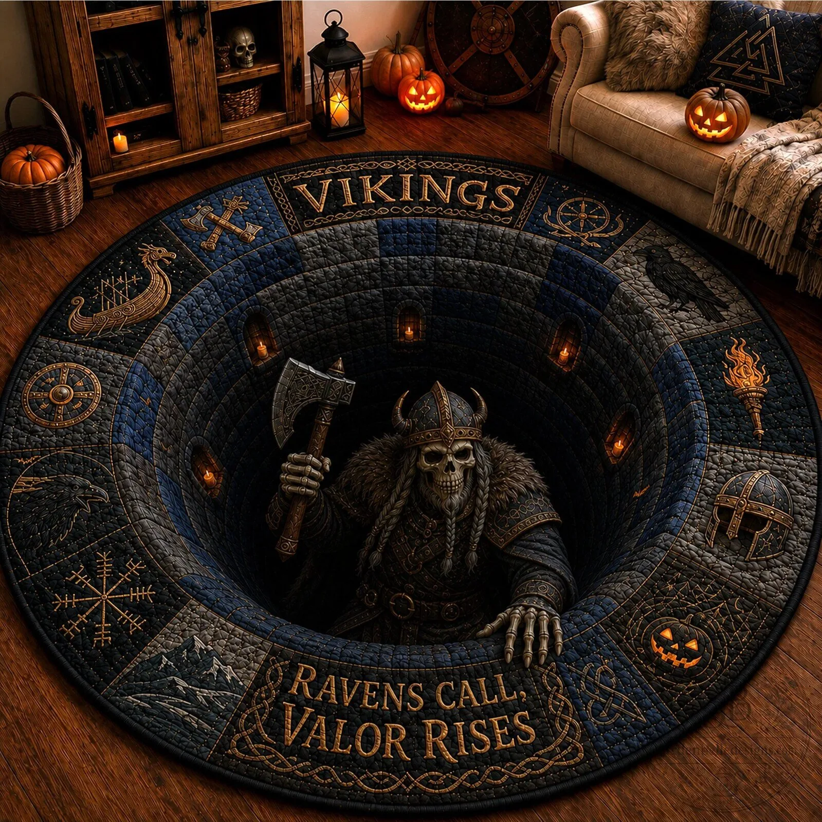 Quilted Round Floor Mat - Rises Call Valor by Vikings Ravens