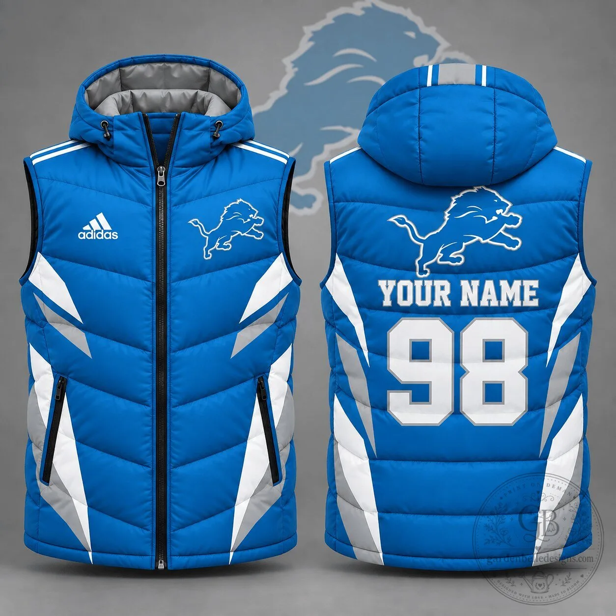 Detroit Lions Personalized Blue Puffer Vest with Custom Name and Number