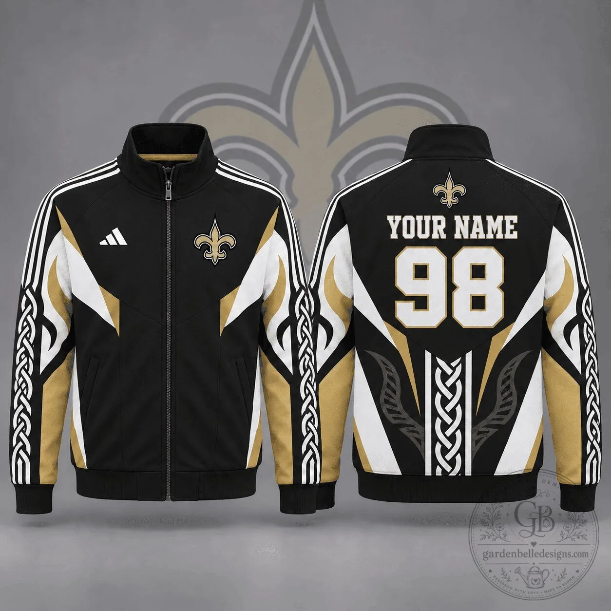 New Orleans Saints Personalized Tribal Black and Gold Full-Zip Jacket