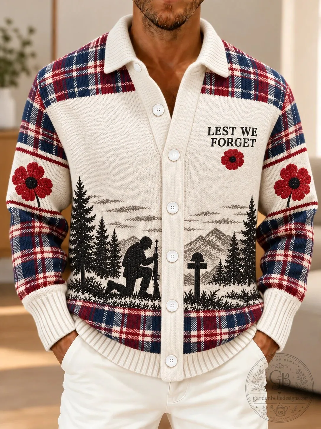 Remembrance Day Lest We Forget Poppy Military Plaid Cardigan Sweater 2 Remembrance Day Lest We Forget Poppy Military Plaid Cardigan Sweater