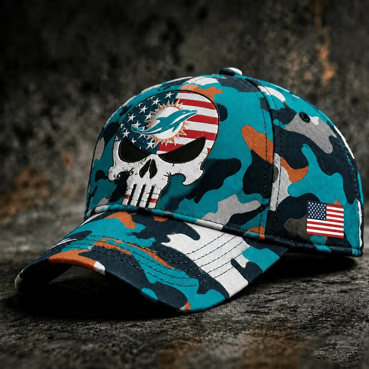 Miami Dolphins American Flag Skull Camouflage Baseball Cap Hat