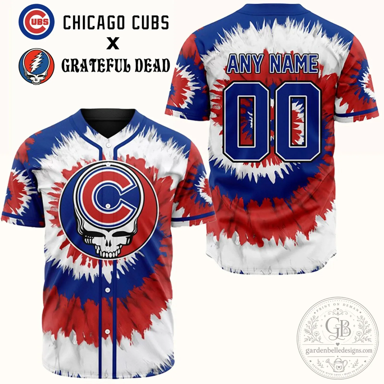 Chicago Cubs Baseball Grateful Dead Tie Dye Steal Your Face Custom Name Jersey