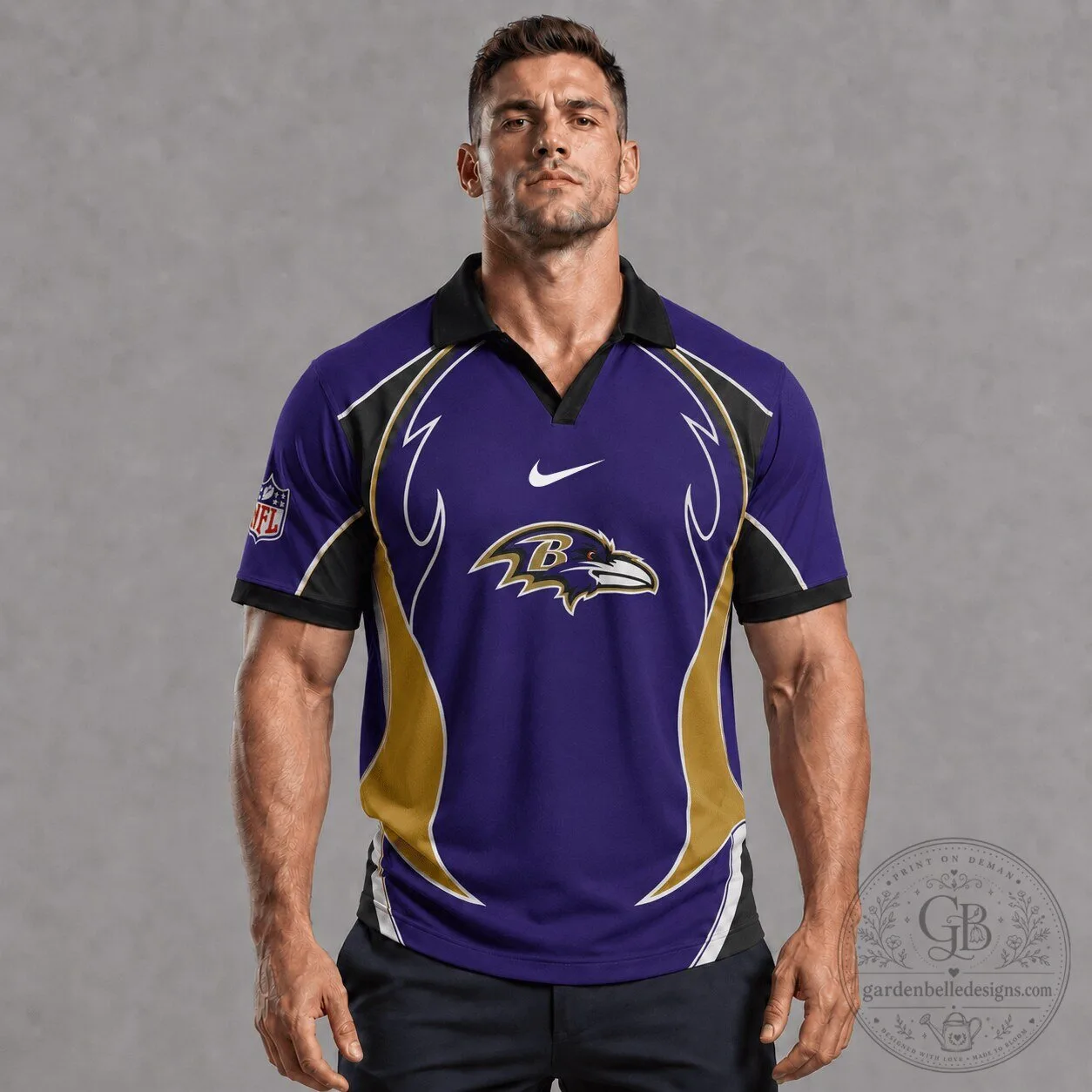 Baltimore Ravens NFL Football Team Logo Purple and Gold Polo Shirt