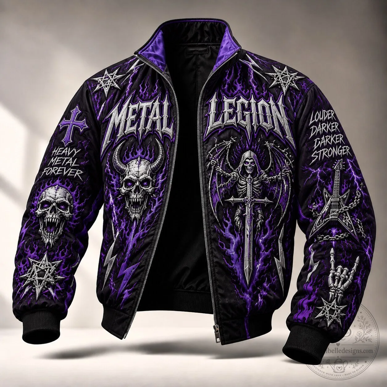 Heavy Metal Legion Skull and Lightning Graphic Print Full Zip Bomber Jacket