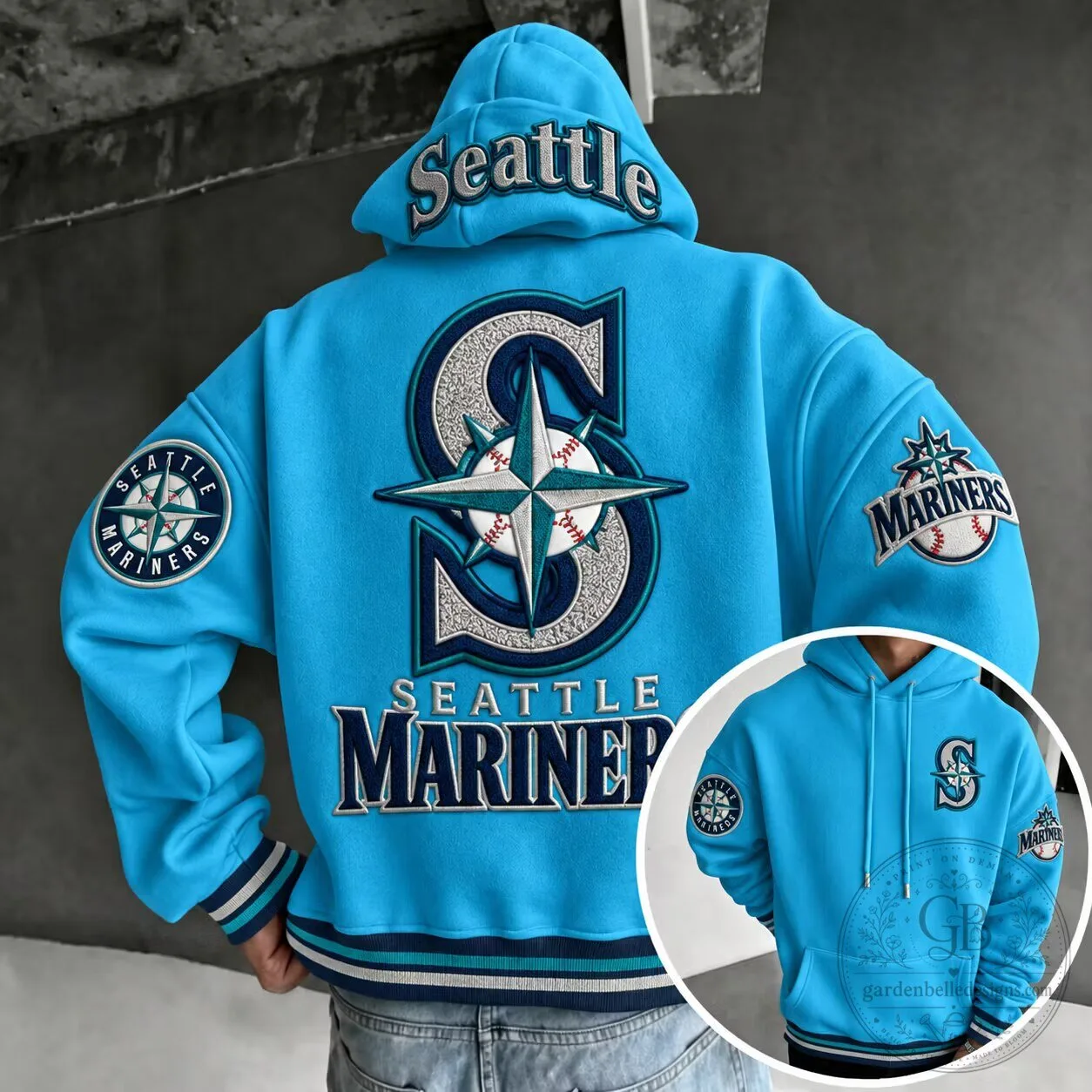 Seattle Mariners Baseball Team Embroidered Logo Aqua Blue Pullover Hoodie