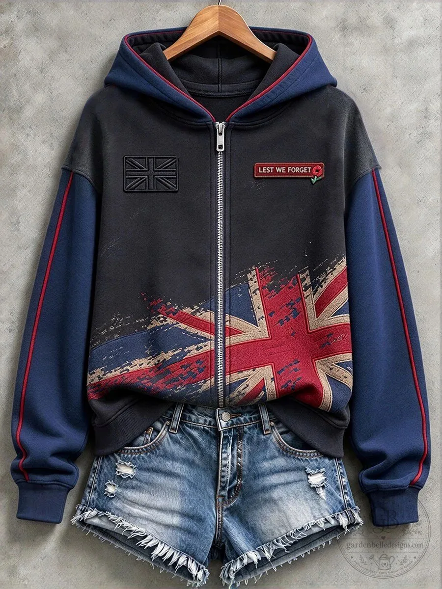 Lest We Forget Union Jack Flag Remembrance Day Full Zip Hoodie