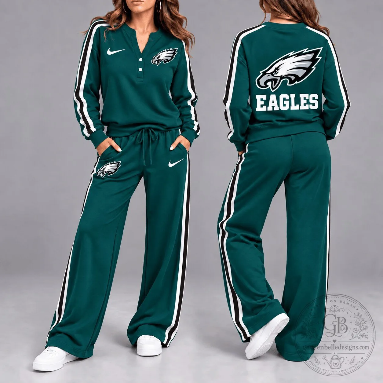 Philadelphia Eagles Womens Green Game Day Sporty Stripe Long Sleeve Pullover and Pants Set