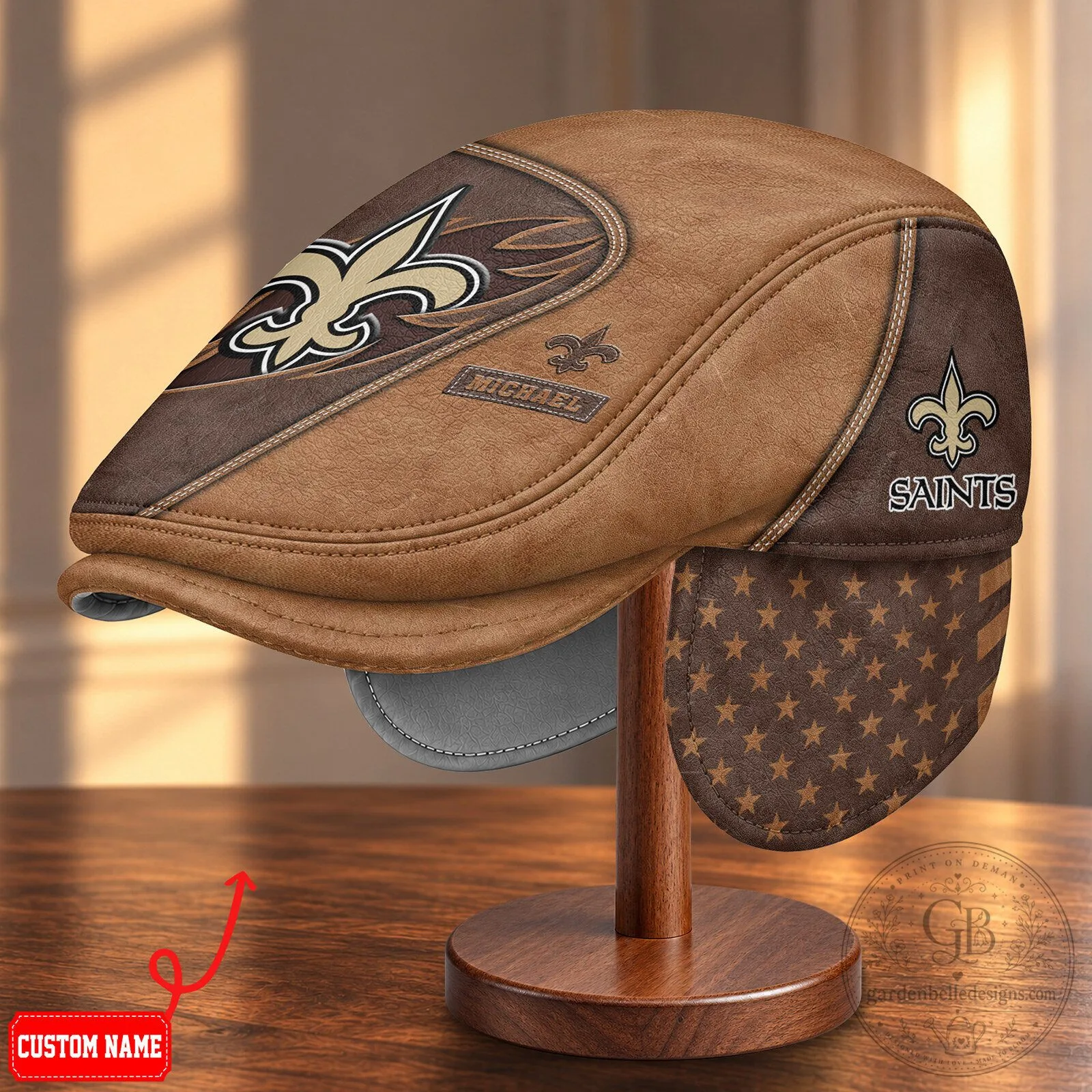 New Orleans Saints NFL Flat Cap with Ear Flaps and Custom Name Option