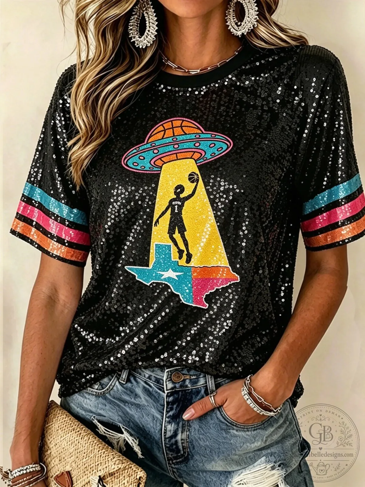 Women's Basketball Fan Shirt with Alien Abduction Texas Graphic