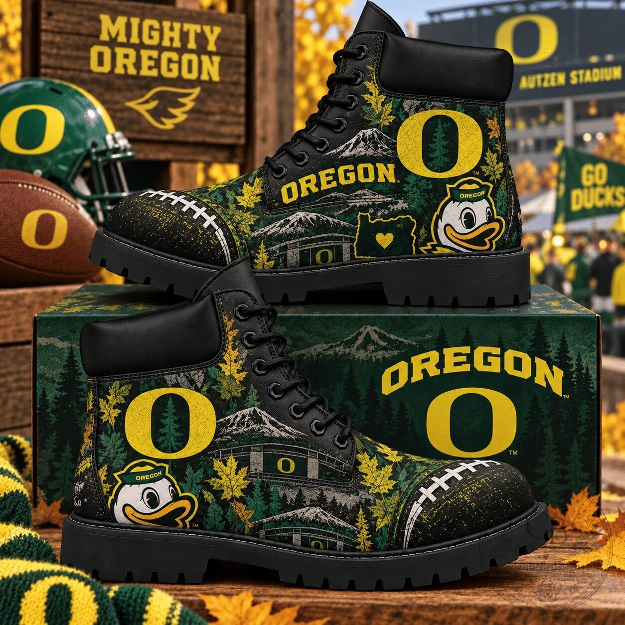 Oregon Ducks Football Team Logo Forest Pattern High Top Boots