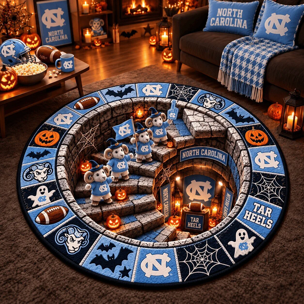 North Carolina Tar Heels Halloween Football Fan Round Rug