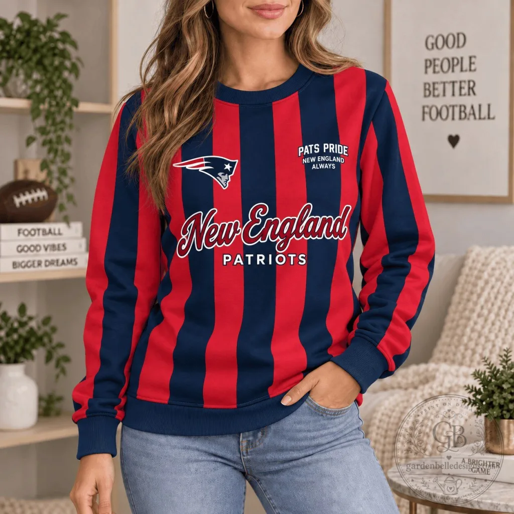 New England Patriots Football Team Red Blue Stripes Crewneck Sweatshirt New England Patriots Football Team Red Blue Stripes Crewneck Sweatshirt