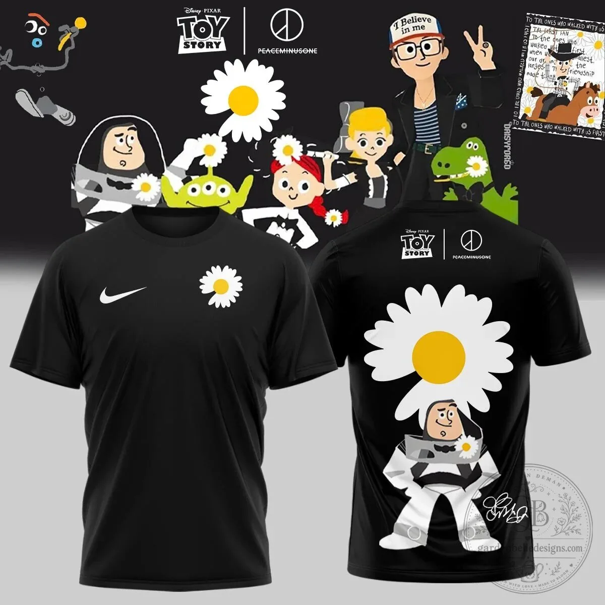 Toy Story Buzz Lightyear Peaceminusone Daisy Flower Black Graphic T-Shirt 3 Toy Story Buzz Lightyear Peaceminusone Daisy Flower Black Graphic T-Shirt