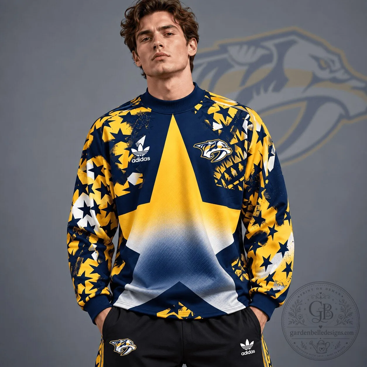 Nashville Predators NHL Retro Starburst All Over Print Crewneck Sweatshirt