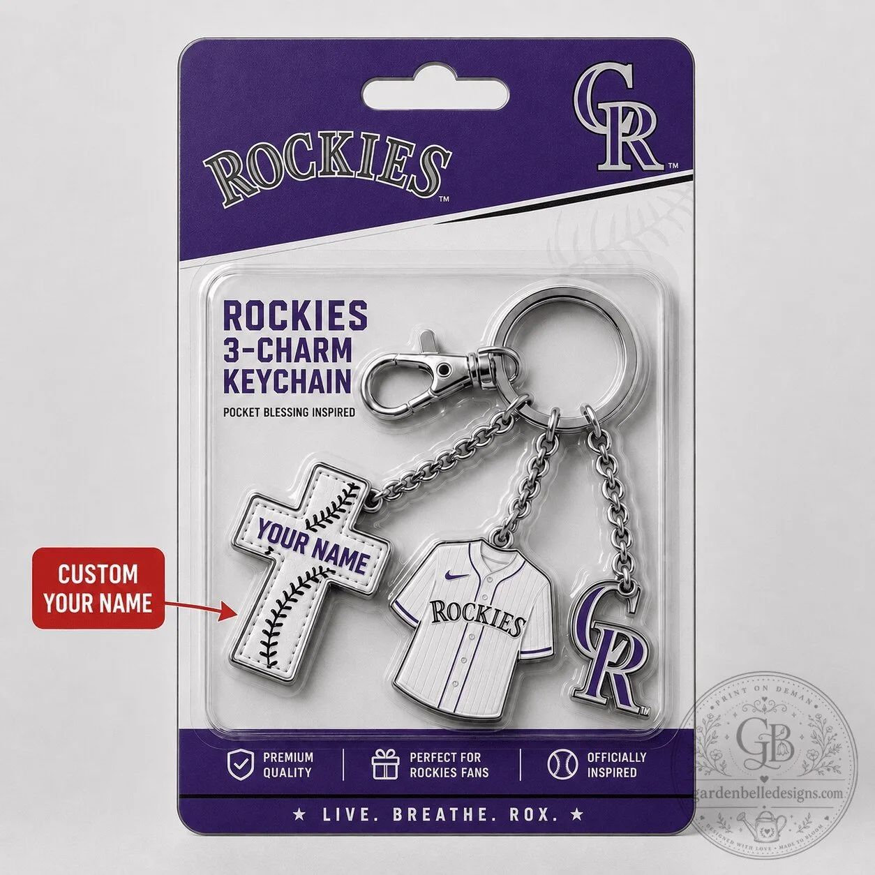 Colorado Rockies Baseball Team 3-Charm Custom Name Keychain