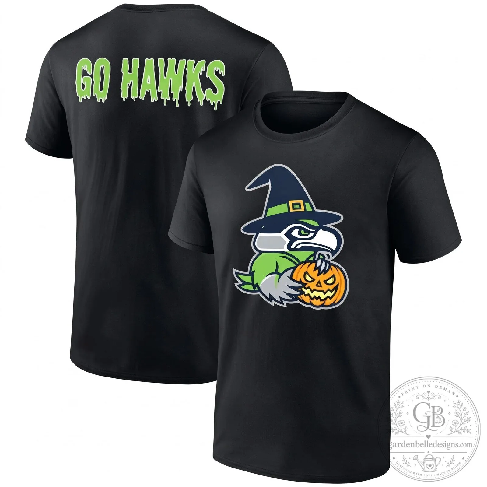 Seattle Seahawks Halloween Witch Holding Pumpkin T-Shirt 2 Seattle Seahawks Halloween Witch Holding Pumpkin T-Shirt