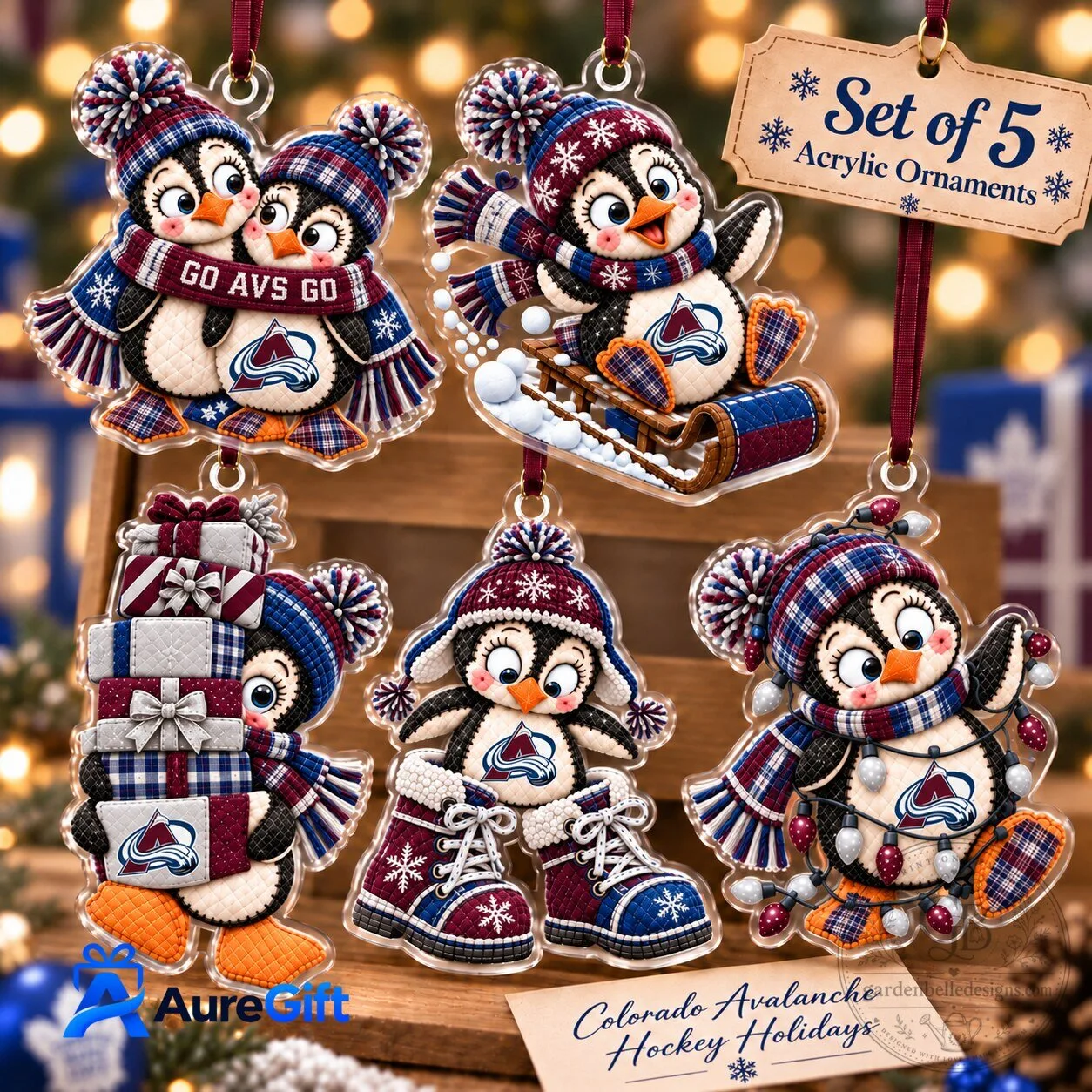 Colorado Avalanche Hockey Christmas Penguin Acrylic Ornaments Set of 5