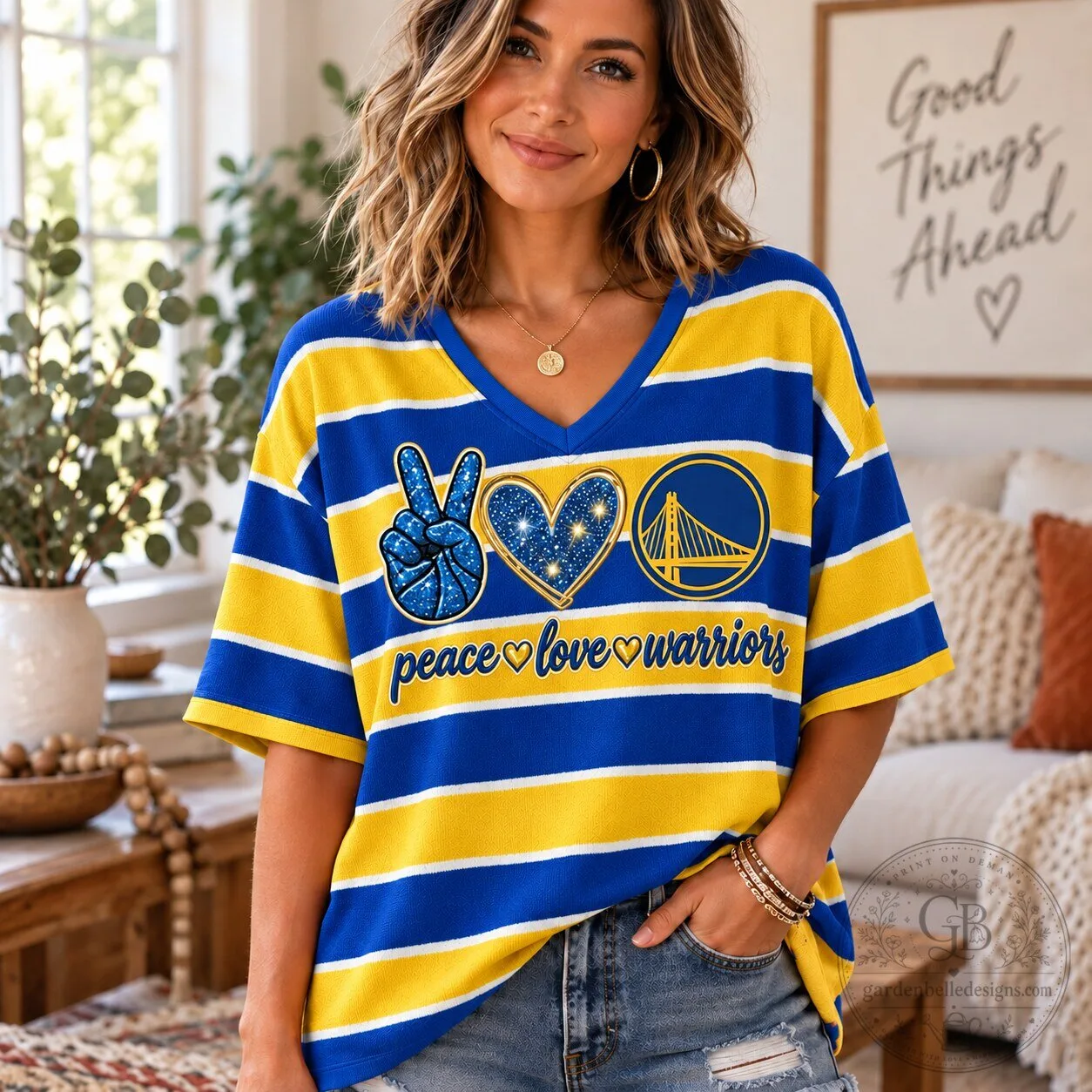 Golden State Warriors Peace Love Warriors Blue Yellow Striped V-Neck T-Shirt