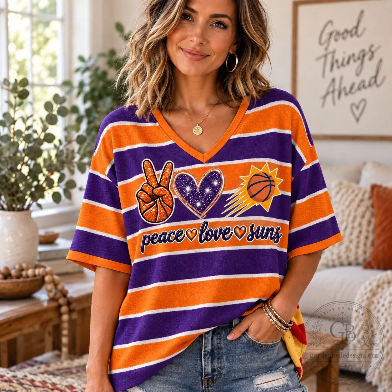 Phoenix Suns Basketball Peace Love Suns Striped V-Neck Short Sleeve T-Shirt