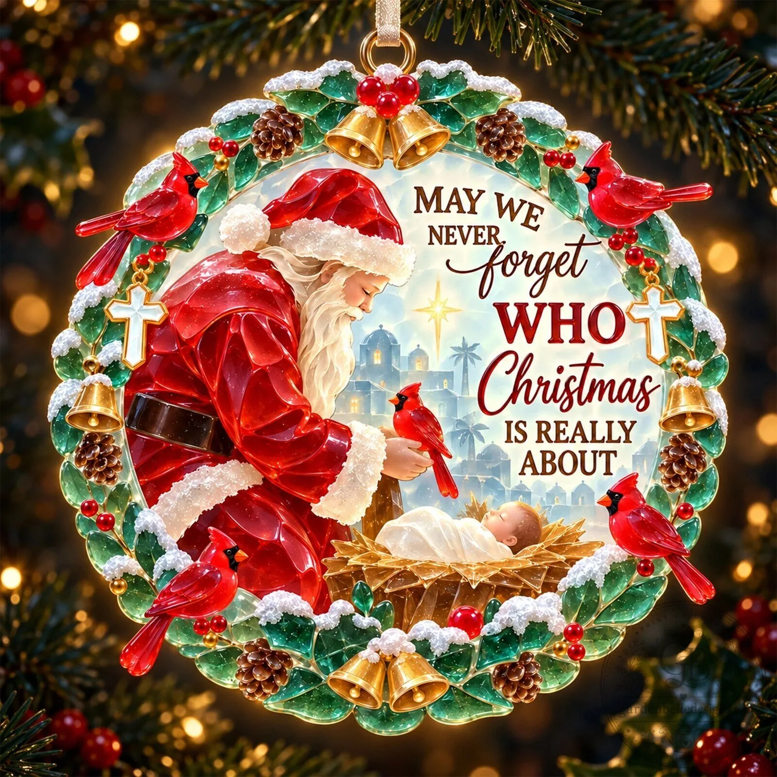 Religious Christmas Santa Claus Baby Jesus Nativity Scene Ornament
