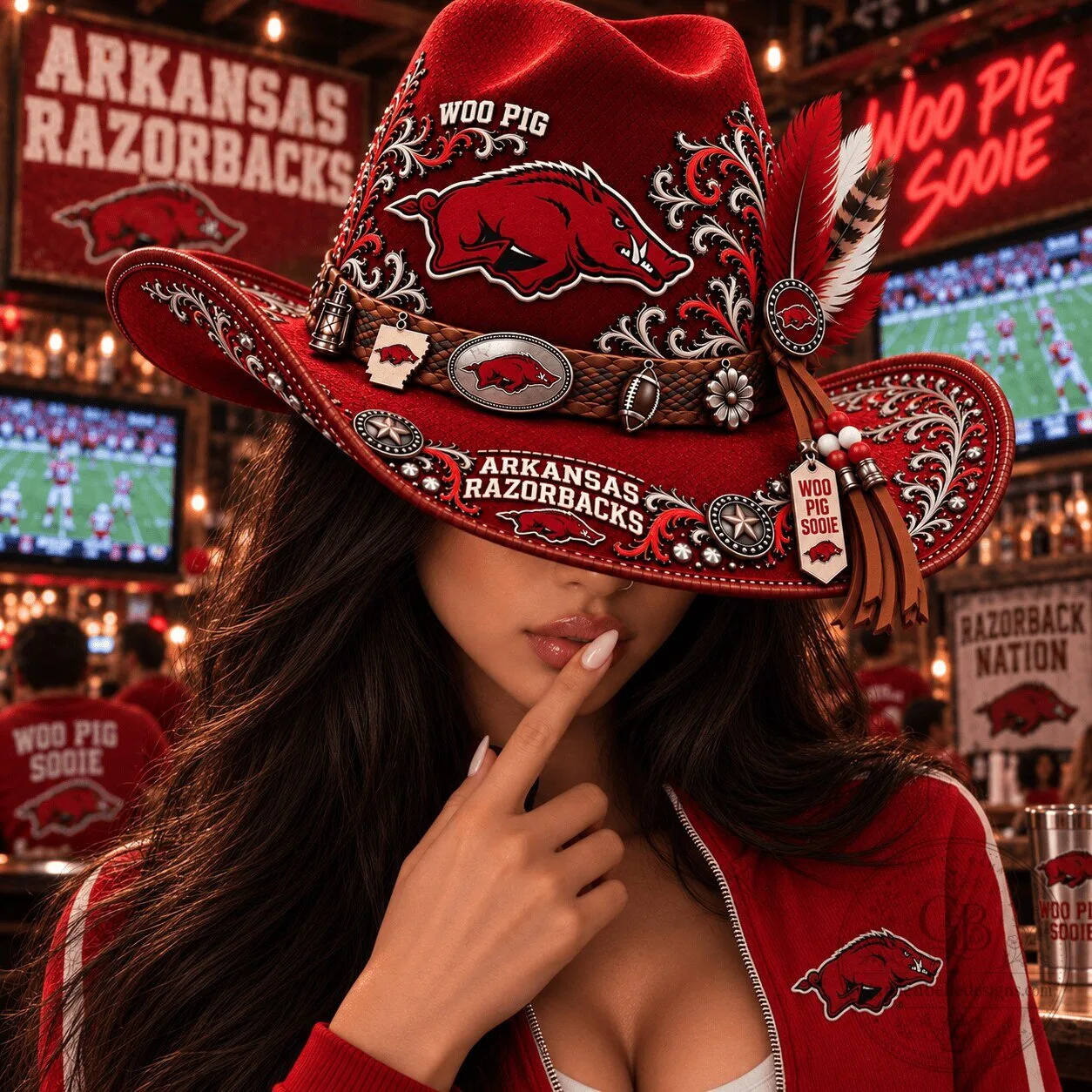 Arkansas Razorbacks Woo Pig Sooie Red Cowboy Hat with Feather and Conchos