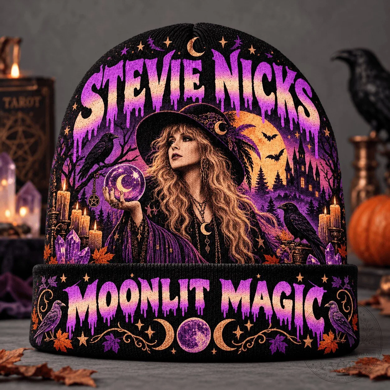 Stevie Nicks Moonlit Magic Witchy Halloween Knit Beanie Hat