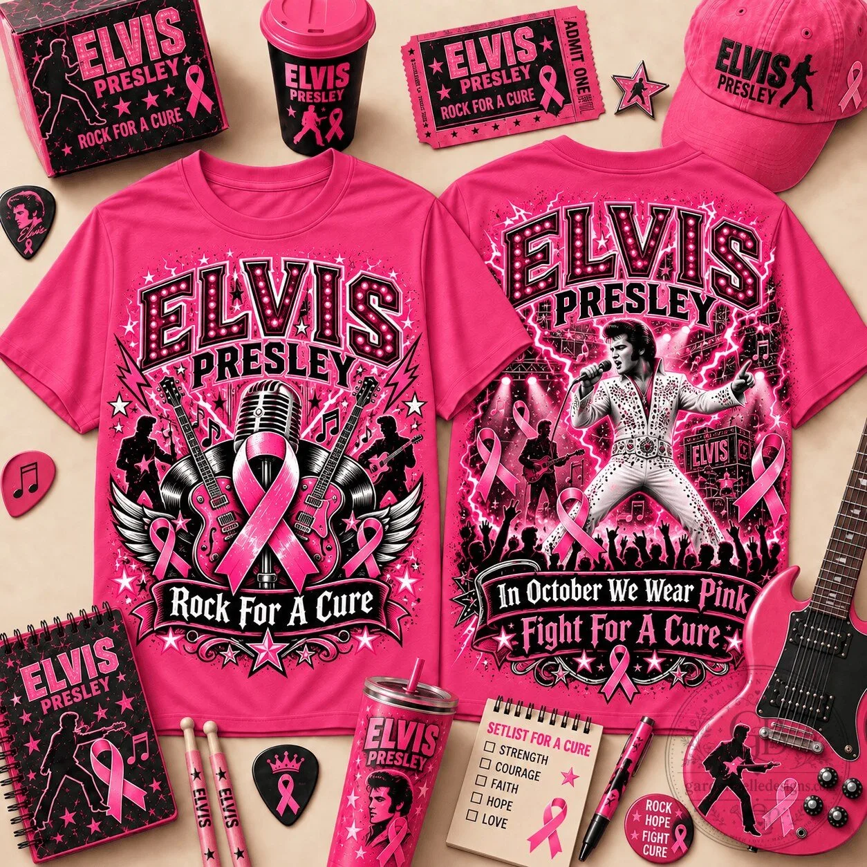 Elvis Presley Pink Ribbon Breast Cancer Awareness Rock For A Cure T-Shirt