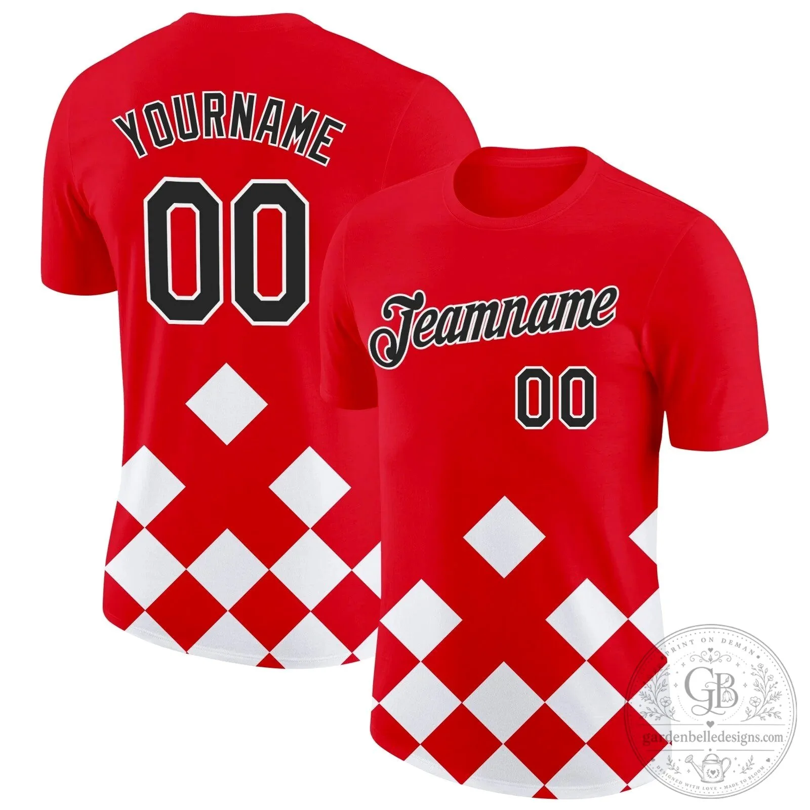 Croatia Red and White Rhombus Custom Name and Number T-Shirt
