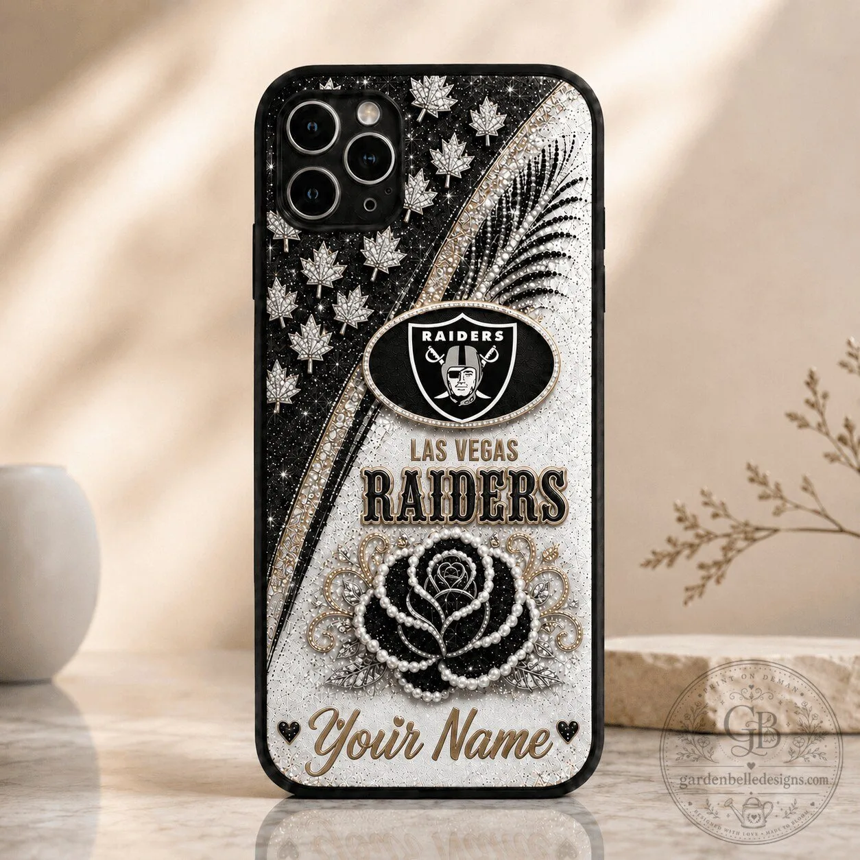 Las Vegas Raiders Personalized Black Rose Glitter Phone Case