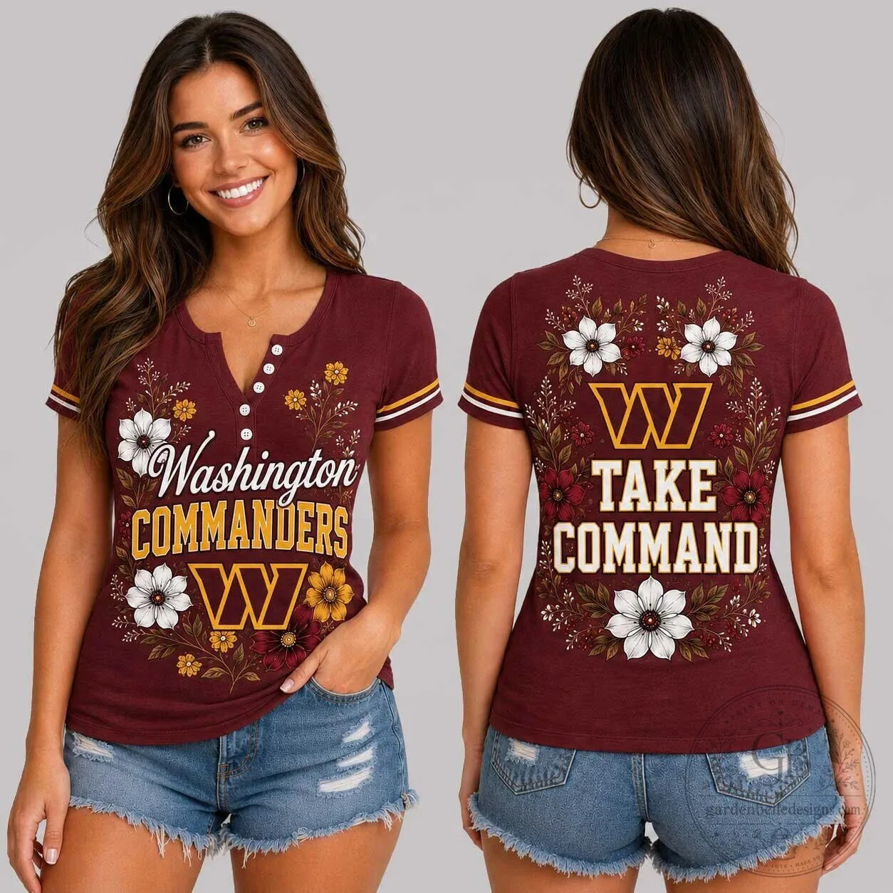 Washington Commanders Football Team Floral Design Women's V-Neck T-Shirt