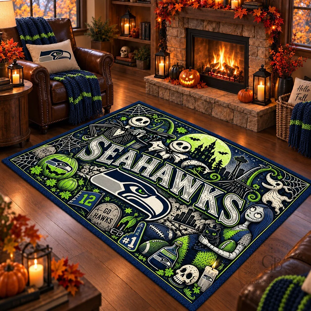 Seattle Seahawks Halloween Nightmare Before Christmas Area Rug