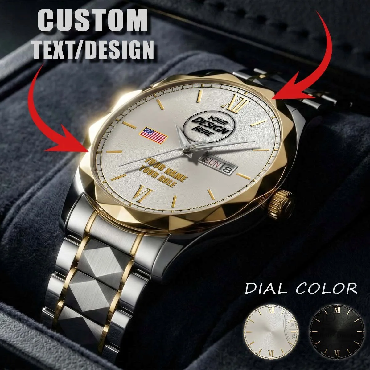 Custom Personalized Two-Tone Stainless Steel Watch with Engraved Dial