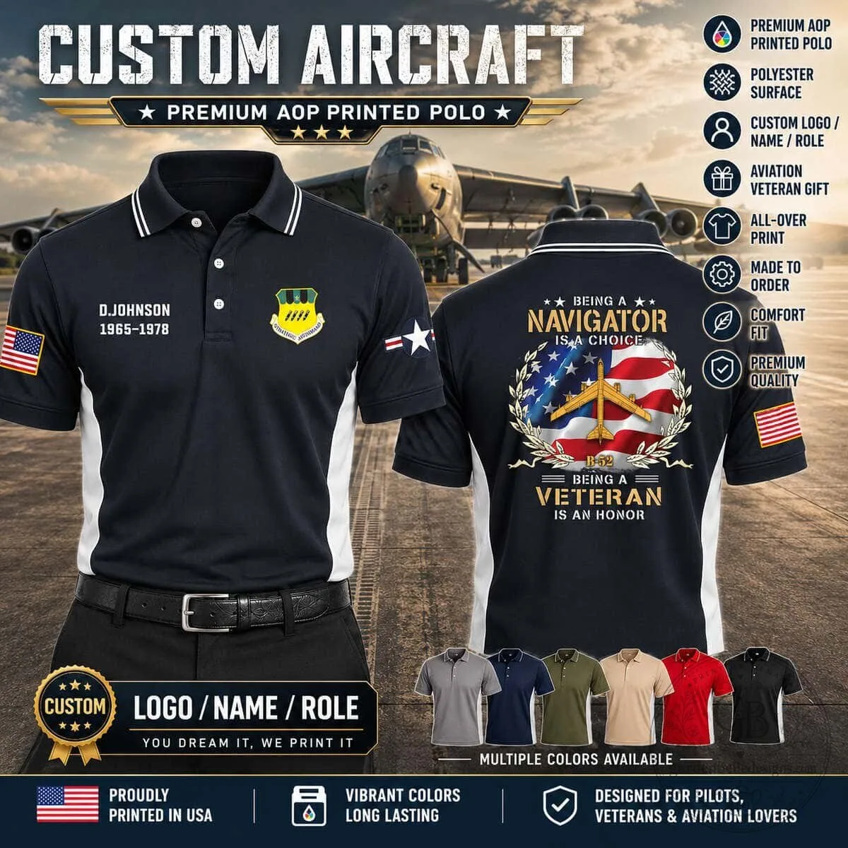 Custom Aircraft Navigator Veteran All-Over Print Polo Shirt for Pilots