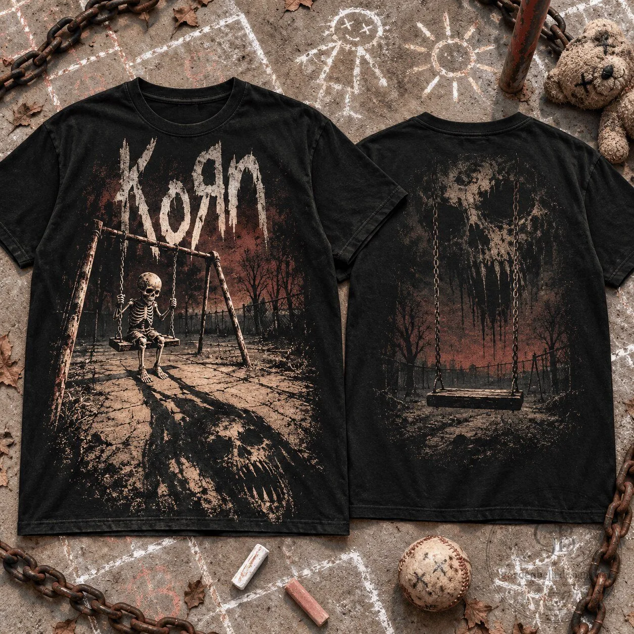 Korn Haunted Playground Skeleton Graphic Black T-Shirt