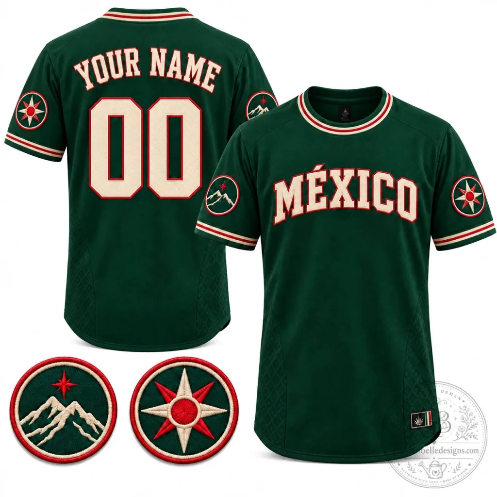 Mexico Land and Sky Custom Embroidered Green Baseball Jersey Mexico Land and Sky Custom Embroidered Green Baseball Jersey