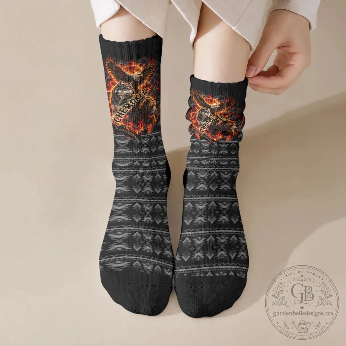 Cherokee Spirit Animals Fiery Tribal Art Native Geometric Patterns Crew Socks