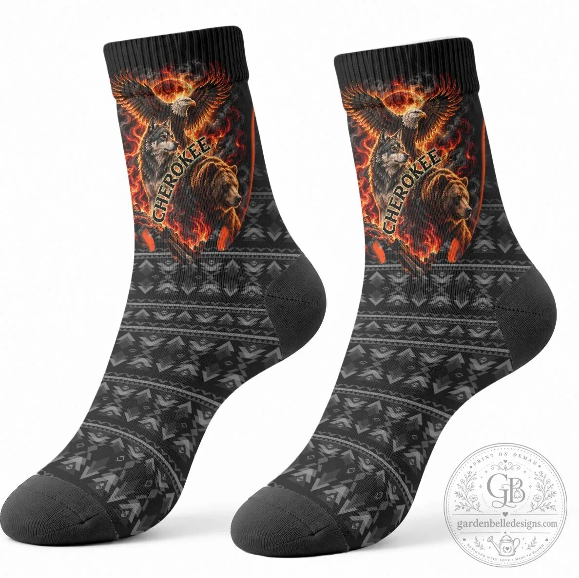 Cherokee Spirit Animals Fiery Tribal Art Native Geometric Patterns Crew Socks 10 Cherokee Spirit Animals Fiery Tribal Art Native Geometric Patterns Crew Socks