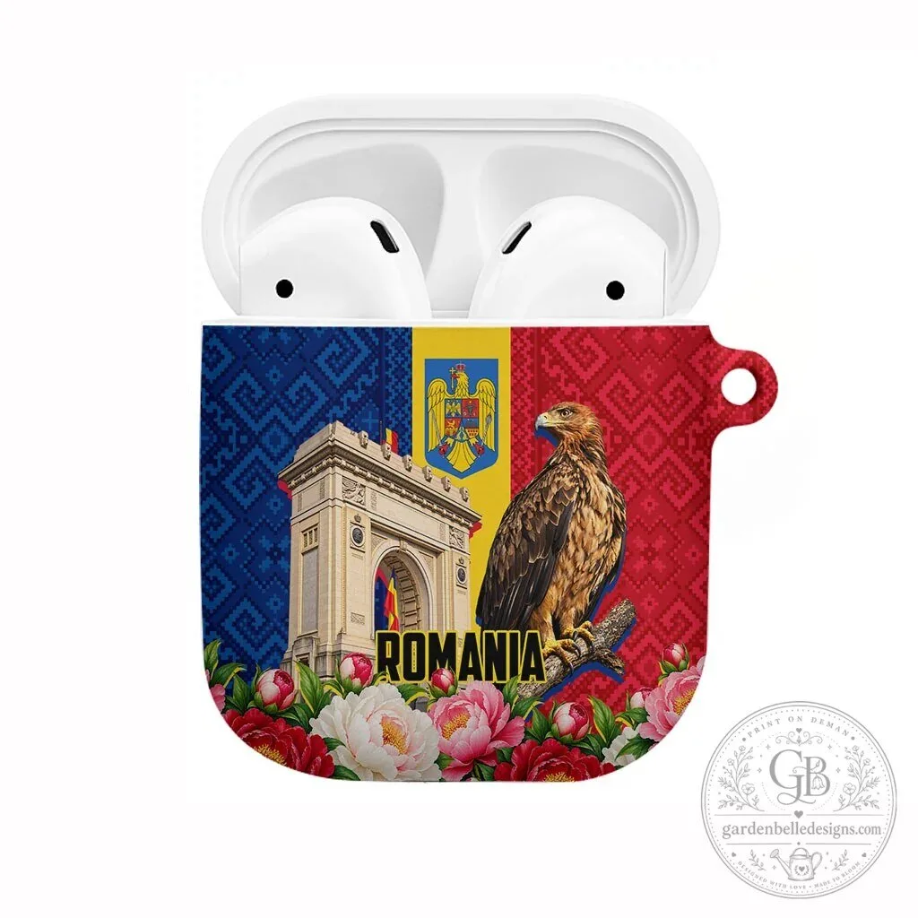 Romania Flag Eagle Arcul de Triumf Floral Peony Pattern AirPods Case
