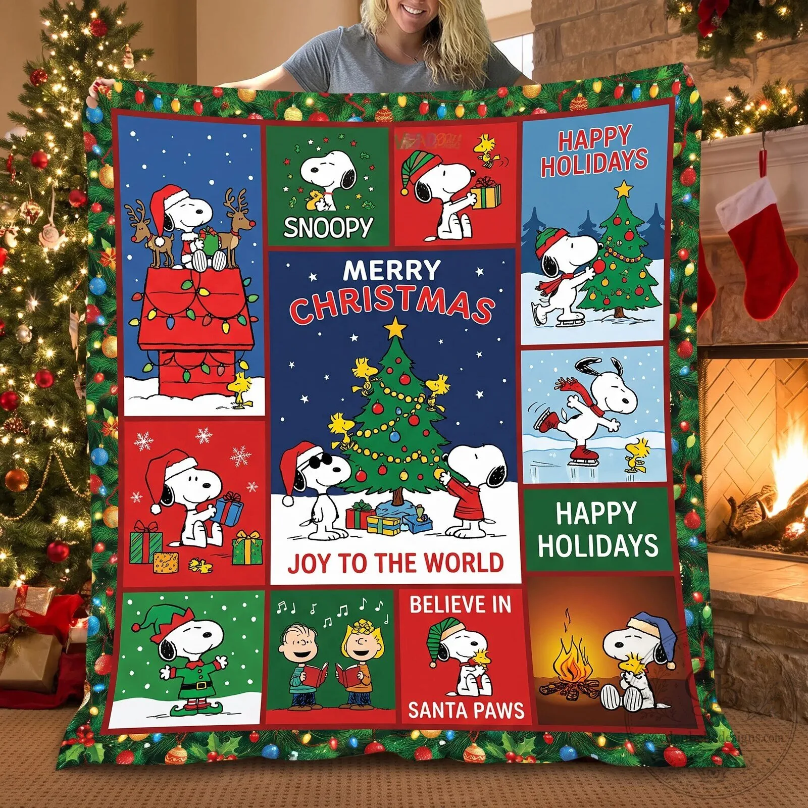 Snoopy Merry Christmas Holiday Joy To The World Believe In Santa Paws Blanket