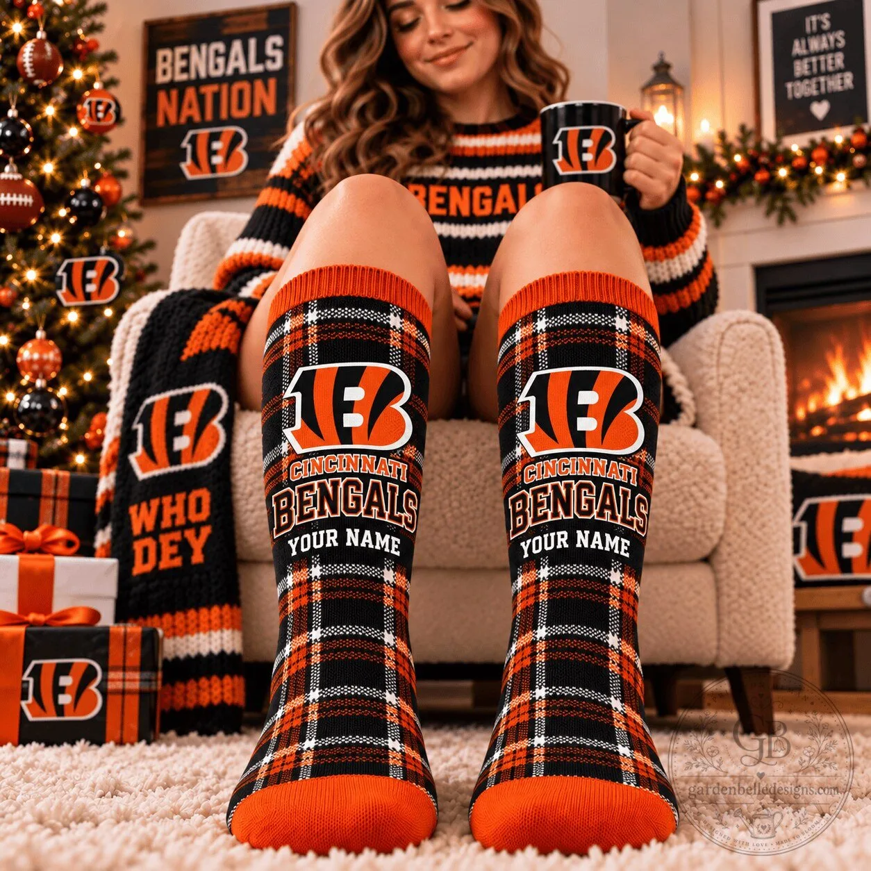 Cincinnati Bengals Plaid Pattern Custom Name Football Team Socks