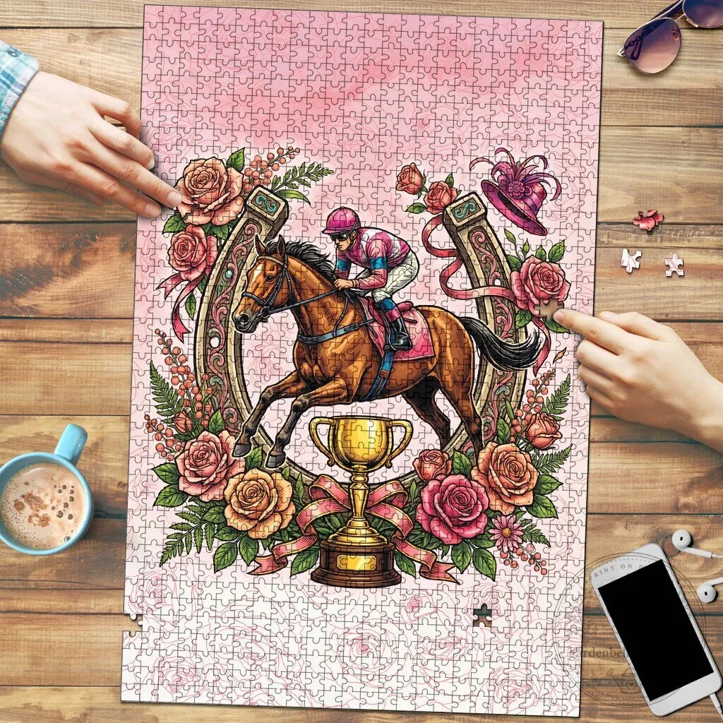 Melbourne Horse Race Pink Rose Floral Horseshoe Jigsaw Puzzle