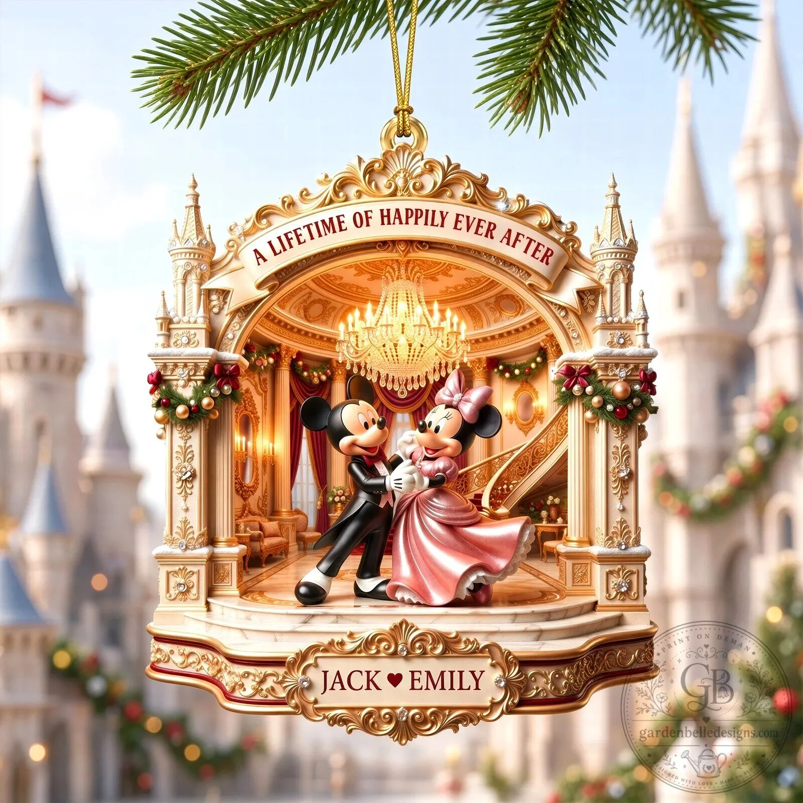 Mickey and Minnie Mouse Happily Ever After Personalized Christmas Ornament