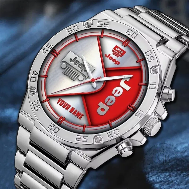 Stylish Stainless Steel Watch with Custom Name and Jeep Logo Design