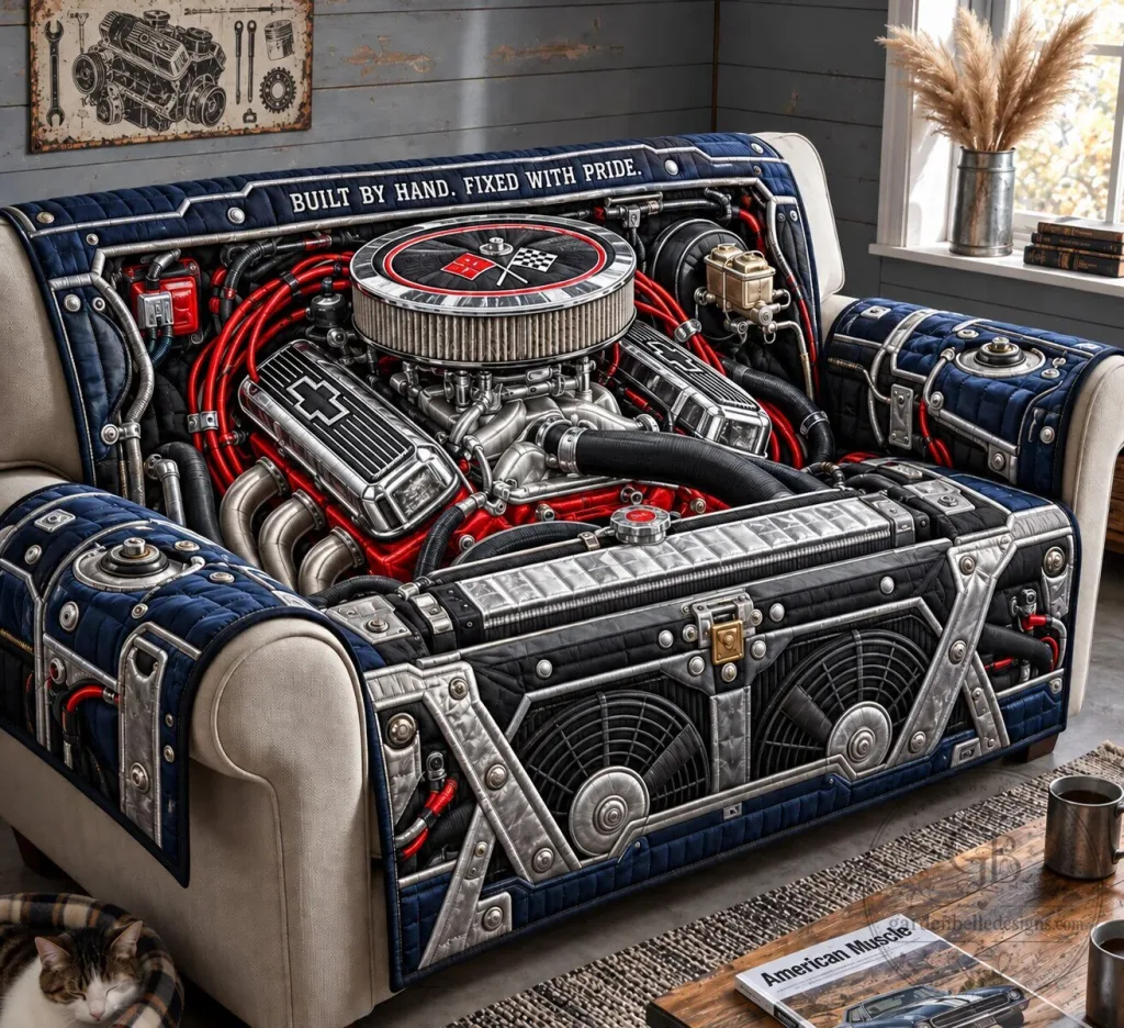 Classic V8 Engine Mechanic Quilted Sofa Cover Classic V8 Engine Mechanic Quilted Sofa Cover