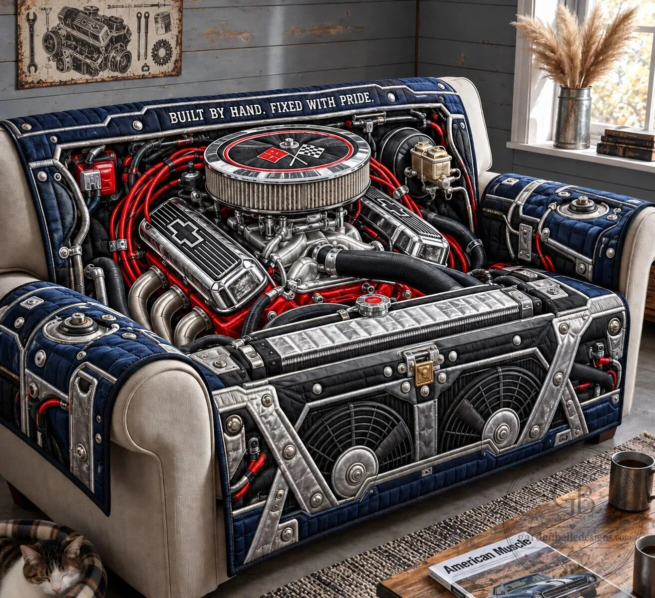 Classic V8 Engine Mechanic Quilted Sofa Cover